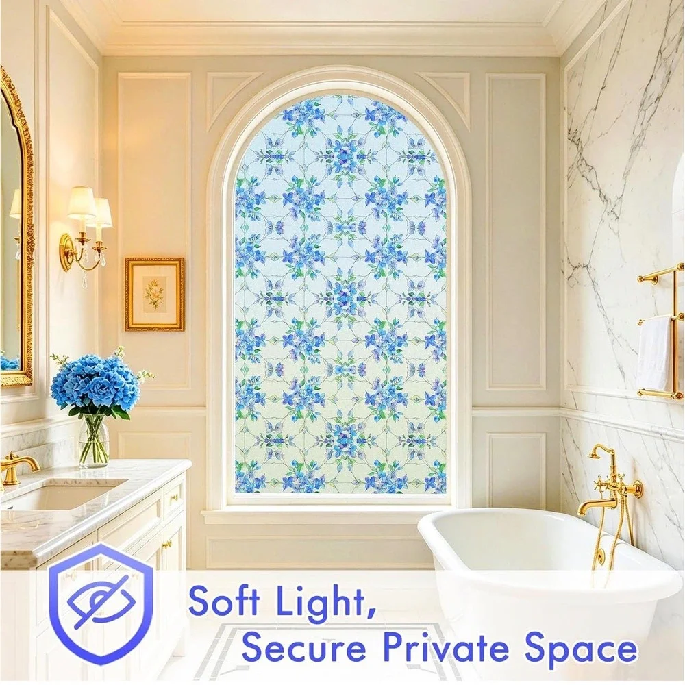 SOMWISE Frosted Glass Window Privacy Film Blue Floral Static Cling 35in x 157in